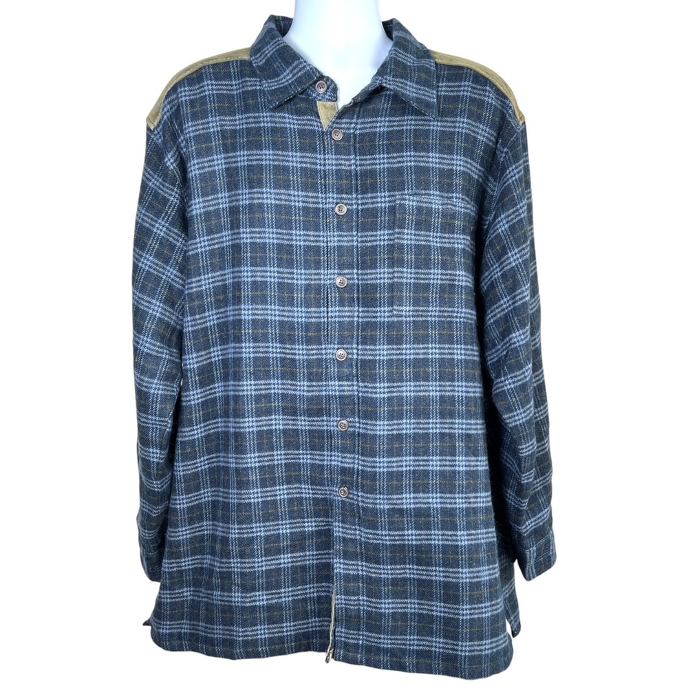 Firethorn Silver Mens Wool Blend Flannel Leather Trim Workwear Shirt Jacket  XXL